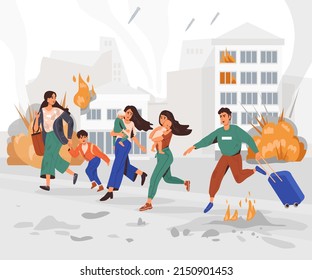 People are fleeing the bombings. Men, children, women. Banner, poster. Military operations in Ukraine. The concept of the threat of war. City on fire. Explosions, rockets, bombs, fires. Stop the war