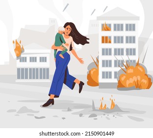 People are fleeing the bombings. Mom and child. Banner, poster. Military operations in Ukraine. The concept of the threat of war. City on fire. Explosions, rockets, bombs, fires. Stop the war. Vector