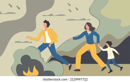 People are fleeing the bombings. Mom, dad and son. Military operations in Ukraine. Explosions, bombs, fires. The concept of the threat of war, danger, destruction of people. Vector flat.Banner, poster