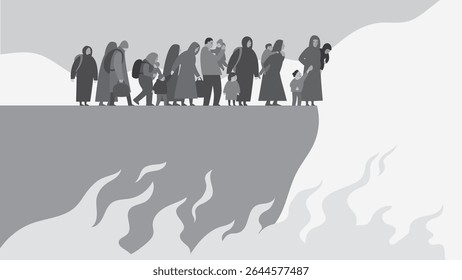 As pessoas que fogem da guerra estão à beira do desespero. Ilustração vetorial em preto e branco sobre o tema guerra, refugiados, conflito mundial