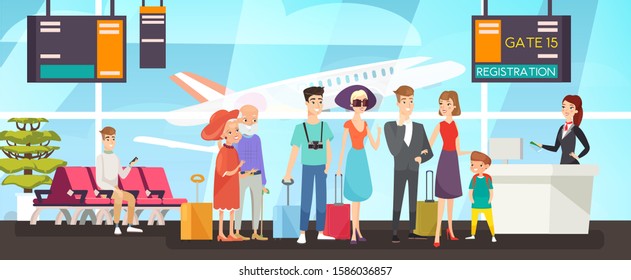 People In Flight Registration Line Flat Vector Illustration. Happy Passengers Standing In Queue. Airport Staff Checking Tickets And Boarding Passes. Family And Elderly Couple Waiting At Checkin Desk.