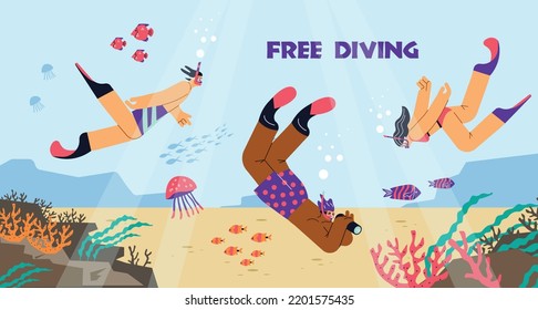 People in flippers and masks with snorkel explore underwater world flat style, vector illustration. Free diving, vacation leisure, fishes and corals. Group of people enjoy holidays