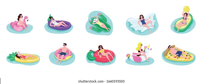 People float on air mattresses flat color vector faceless characters set. Adult guys and girls drinks cocktail in pool. Tourists sunbathing isolated cartoon illustrations on white background