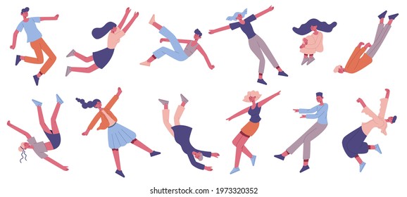 People floating in air. Flying male and female characters floating in space, imagination or dreaming people vector illustration set. Flying people in air space. Fly and inspiration, floating dreaming