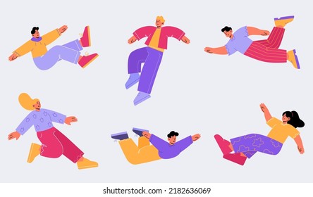 People floating in air, happy free characters flying and jumping in sky. Dream, freedom, development and aspirations concept. Isolated men and women moving up in anti gravity Linear flat vector set