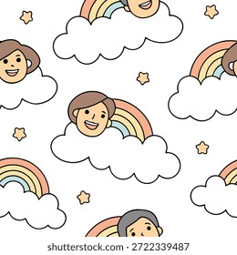 People with Floating Clouds and Joyful Faces concept as A group of people enjoying floating clouds with joyful faces set against a dreamy background offering ample space for text or graphics symbolizing a seamless and happy friendly atmosphere. in Photo Stock Concept , copy space for advertisement or banner with high Quality Detail --ar 9:16