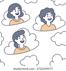 Personas con nubes flotantes y caras alegres concepto como un grupo de personas que disfrutan de nubes flotantes con caras alegres sobre un fondo de ensueño que ofrece un amplio espacio para texto o gráficos que simbolizan una atmósfera agradable y feliz. en Foto Stock Concepto, espacio de copia para publicidad o Anuncio con alta calidad Detalle --ar 9:16