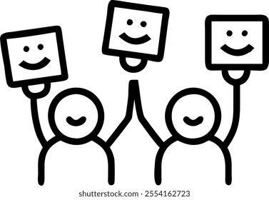 People with Floating Feedback Forms and Joyful Faces concept as A group of people holding floating feedback forms with joyful faces set against a whimsical background offering ampl