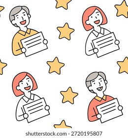 Menschen mit schwimmenden Feedback-Formularen und Joyful Faces als Konzept Eine Gruppe von Menschen, die schwimmende Feedback-Formulare mit fröhlichen Gesichtern auf einem skurrilen Hintergrund halten, die viel Platz für Text oder Grafiken bieten, die eine nahtlose und glückliche Mitarbeiterbewertung symbolisieren. in Foto Stock Concept , Kopienraum für Werbung oder Banner mit hoher Qualität Detail —ar 9:16