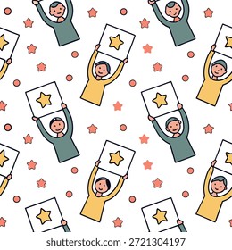 Personas con formas de Comentarios flotante y caras alegres concepto como un grupo de personas que sostienen formas de Comentarios flotante con caras alegres frente a un fondo caprichoso que ofrece un amplio espacio para texto o gráficos que simbolizan una evaluación de empleado perfecta y feliz. en Foto Stock Concepto, espacio de copia para publicidad o Anuncio con alta calidad Detalle --ar 9:16