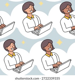 Personas con teclados flotantes y caras alegres concepto como un grupo de personas que usan teclados flotantes con caras alegres sobre un fondo de ensueño que ofrece un amplio espacio para texto o gráficos que simbolizan un entorno de trabajo sin fisuras y feliz. en Foto Stock Concepto, espacio de copia para publicidad o Anuncio con detalles de alta calidad --ar 9:16