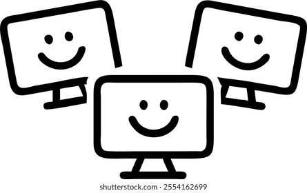 People with Floating Monitors and Joyful Faces concept as A group of people using floating monitors with joyful faces set against a dreamy background offering ample space for text