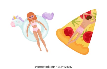 La gente flotando en colchones de aire en la piscina. Vista superior de la mujer y el hombre relajándose y tomando el sol en la pizza inflable y el unicornio ilustración vectorial de dibujos animados