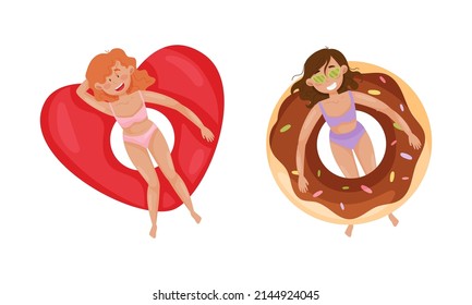 People floating on air mattresses in swimming pool set. Top view of women relaxing and sunbathing on inflatable heart and donut cartoon vector illustration