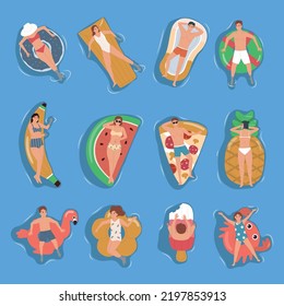 People floating on colorful inflatable toys of different shapes top view flat set on blue background isolated vector illustration