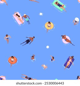 People floating on inflatable circles, mattresses in swimming pool in summer endless background. Repeatable pattern of tourists have fun, play ball in water park. Flat seamless vector illustration