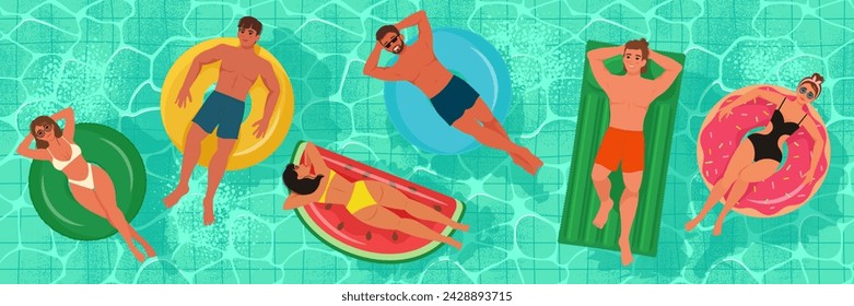 Gente flotando en anillos inflables en una piscina. Vista superior. Ilustración vectorial en estilo plano