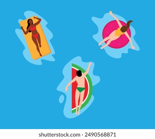 Personas flotando en anillos inflables en una piscina. Vista superior 2d Ilustración vectorial plana
