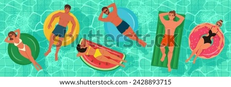 People floating on inflatable rings in a swimming pool. Top view. Vector illustration in flat style
