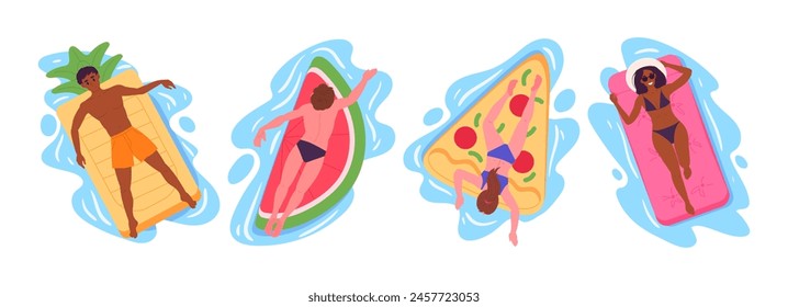 People floating on inflatable toys. Swimming people, male and female characters on rubber rings or mattresses in swimming pool or sea flat vector illustration set. Cartoon people relaxing in water