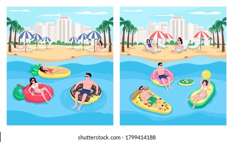 People floating on inflatables flat color vector illustration set. Summer vacations at seaside resort. Students on spring break 2D cartoon characters with cityscape on background collection