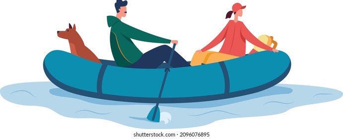 People floating on rubber boat, sea adventure. Vector boat inflatable, rowing and recreation illustraton