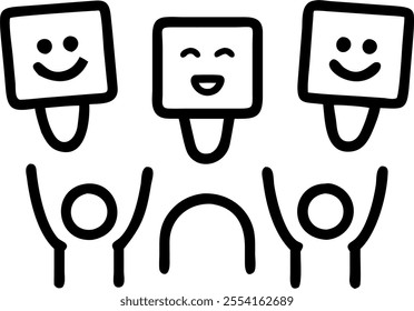 People with Floating Performance Charts and Joyful Faces concept as A group of people holding floating performance charts with joyful faces set against a whimsical background offer