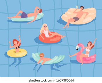 People floating pool. Summer relax at sea boys and girls swimming on rubber mattress vector sunbathing characters