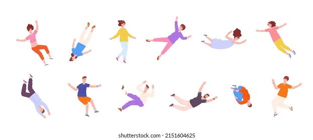 People in floating pose. Flying in dream characters, soaring gravity person fly float air man, imagination sky swimming hovering falling, flat vector illustration. Character happy pose imagination