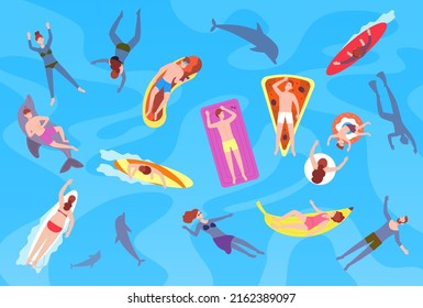 People floating in sea. Man and woman swimmer summer ocean or pool, swim diving float surf board playing above water, seaside vacation time top view, splendid vector illustration of swimmer