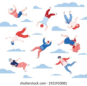 People floating and in the sky among clouds, cartoon vector illustration on white background. Young men and women in the sky as metaphor of dream and inspiration.