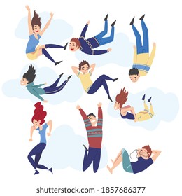 People Floating in the Sky, Happy Dreaming Boys and Girls Flying in the Air Cartoon Style Vector Illustration