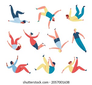 People floating, soaring in air or sky, person flying in space. Men and women characters sleep and fly in dreams or imagination vector set. Creative free flight, active leisure time