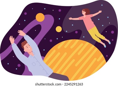 People floating in universe. Fantastic flying inspired persons isolated on white background