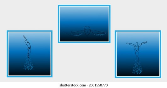 people floating in water in minimal style wall art decoration design. human abstract artistic work