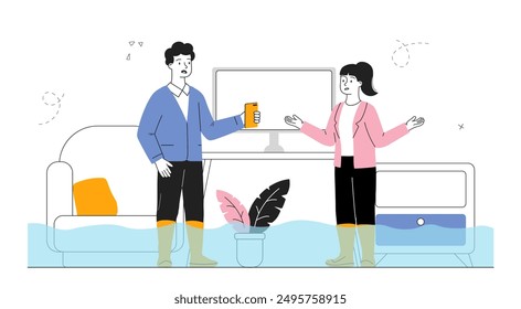 People in flooded house. Man and woman standing in apartment with water. Sewer pipe burst, problems in bathroom. Accident and disaster at home. Linear vector illustration isolated on white background