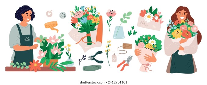 People with flower bouquets. Happy women hold beautiful plants, floral composition creating, girls receive gifts, creative occupation. Professional florist work cartoon