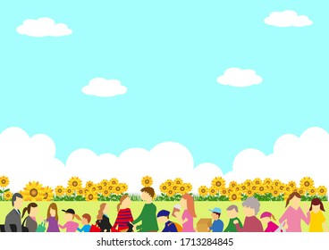 a lot of people in the flower field