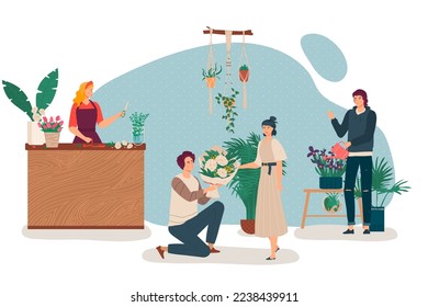 People in flower shop, florist at store counter, kneeling man give bouquet to woman, vector illustration