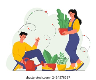 Concepto de personas con ollas de flores. El hombre y la mujer se preocupan por las flores y las plantas. El confort y la comodidad en el interior. Jardinería y horticultura. Dibujo vectorial plano de dibujos animados aislado en fondo blanco