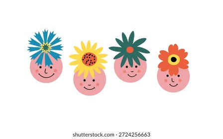 Personas Ilustración vectorial de flores. Caras divertidas. Personajes de dibujos animados abstractos lindos florecidos en estilo plano. Para los diseños de los niños, temas de la primavera, pegatinas, tarjeta, Anuncio. Aislado en un fondo blanco. 