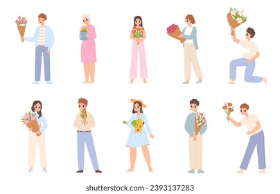 People with flowers. Woman and man hold flower and bouquet for gift. International women day, valentines day or birthday present, snugly vector set