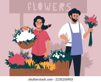 People with flowers. A woman and a man are selling flowers. Flower market. Vector image.