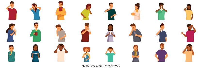 People flu symptoms icons set. Large group of diverse people experiencing various cold, flu, or infection symptoms like coughing, sneezing, headache, and fever