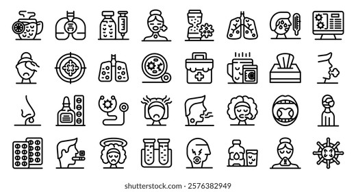  People flu symptoms icons set. Line icons represent various flu symptoms, treatments, and preventive measures, highlighting the importance of healthcare during influenza outbreaks