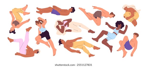 People fly in the air set. Diverse men and women flying zero gravity in different poses. Happy characters floating, soaring, free falling upside down. Flat isolated vector illustrations on white