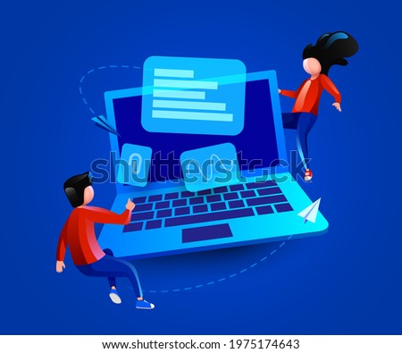 People fly around big laptop. Computer service or development concept. Vector illustration