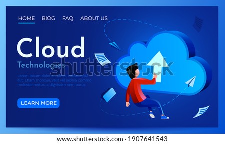 People fly around cloud sign. Hosting, cloud storage or data downloading concept. Landing page website template. Vector illustration