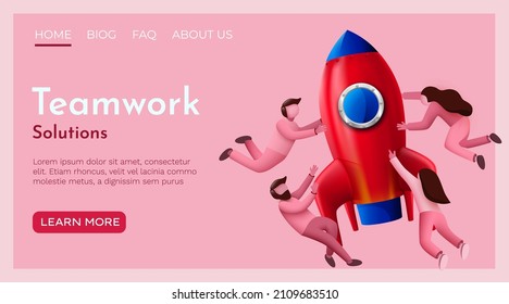 Die Leute fliegen herum und starten Rakete. Projektstart, Projektstart oder Innovationskonzept. Vorlage für die Landing Page Website. Vektorgrafik