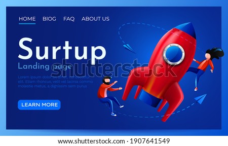 People fly around launching rocket. Startup, project launch or innovation concept. Landing page website template. Vector illustration
